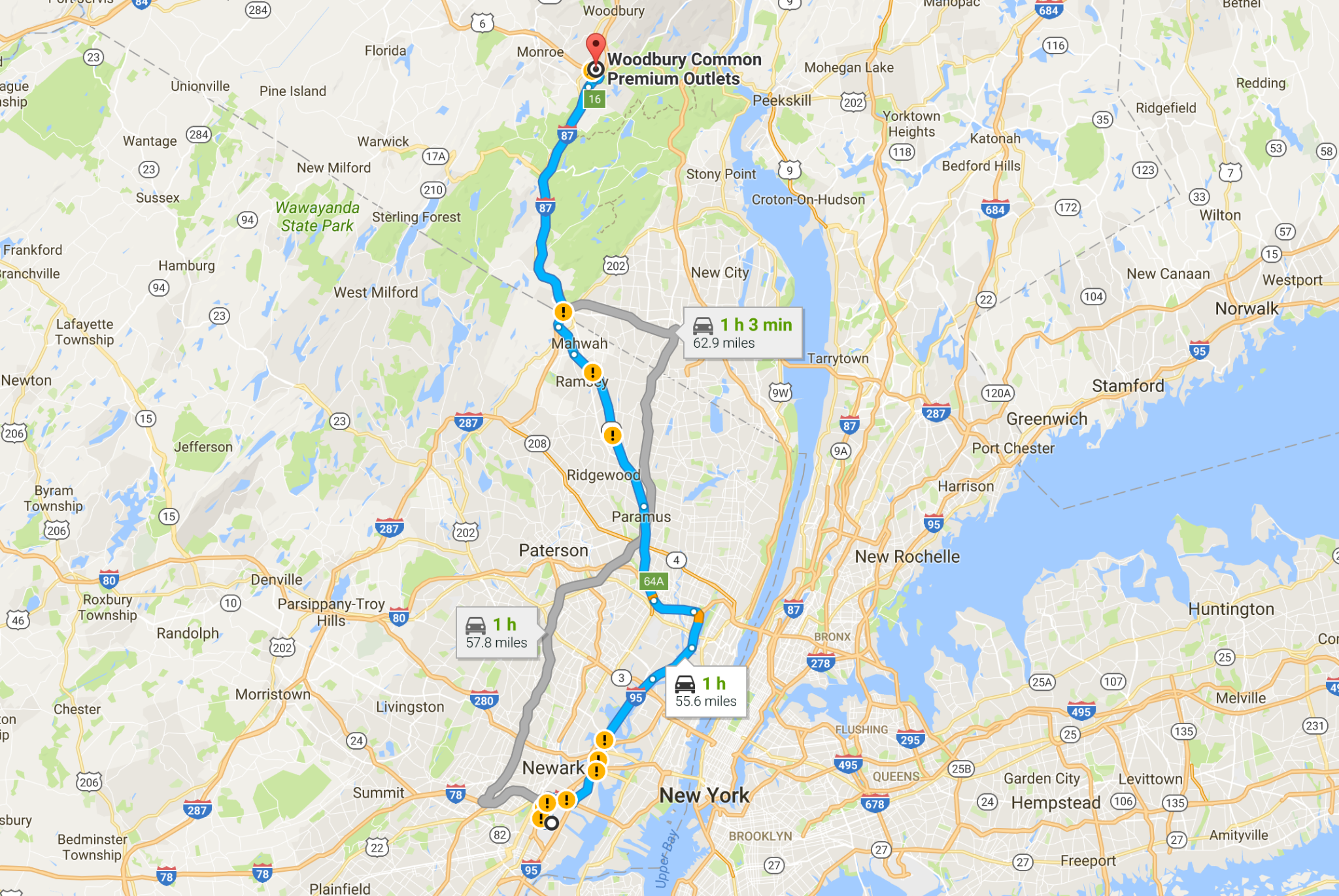 纽约纽瓦克机场租车去woodbury走那条路 过路费大概多少钱?